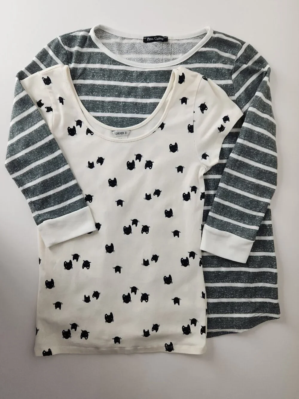 Lot bundle 2 tops Forever 21 kitten print tee Pink Clover striped soft terry